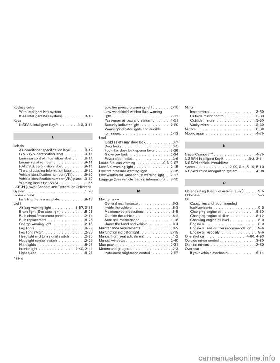 NISSAN VERSA NOTE 2015 2.G Service Manual Keyless entryWith Intelligent Key system
(See Intelligent Key system) .........3-18
Keys NISSAN Intelligent Key® .......3-3,3-11
L
Labels Air conditioner specification label .....9-12
C.M.V.S.S. cert