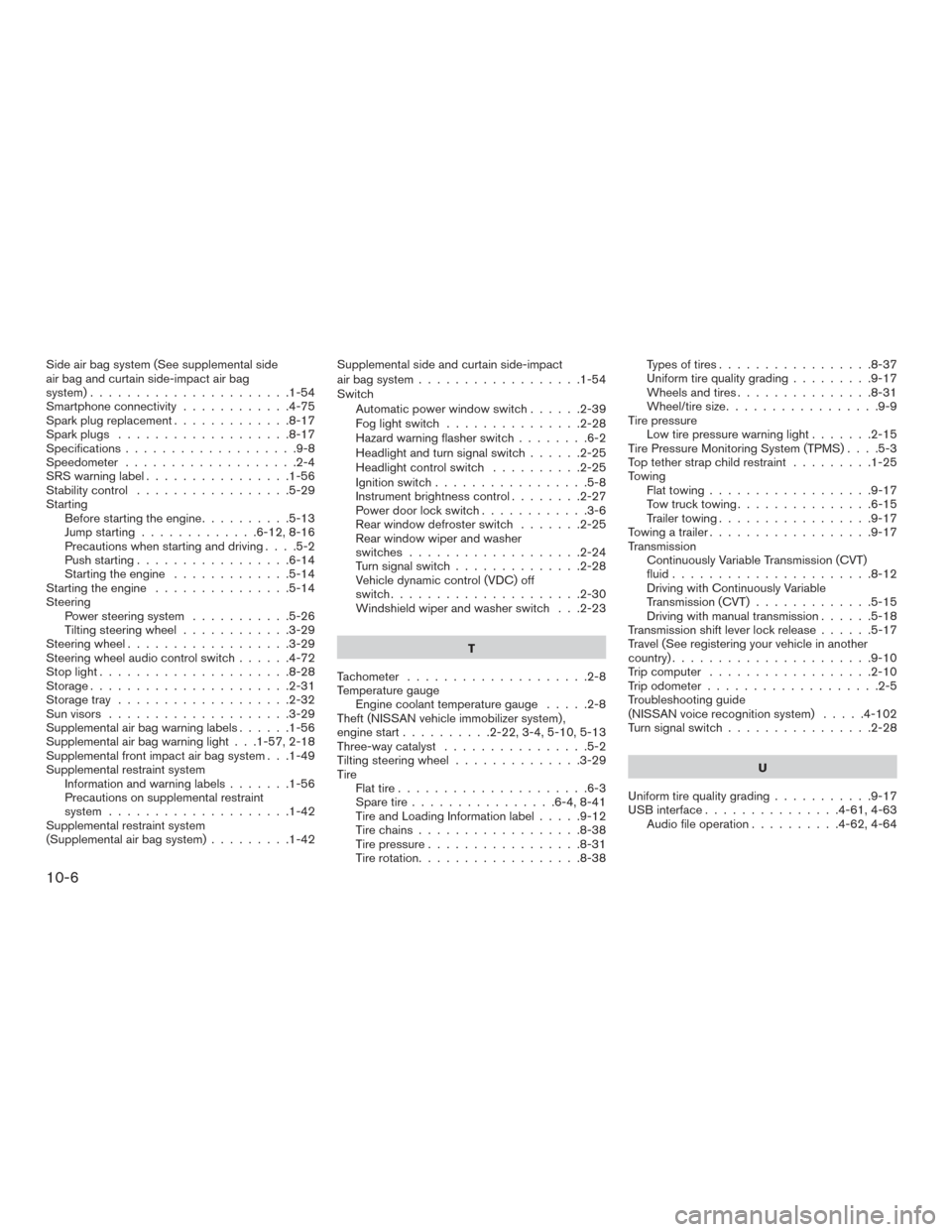 NISSAN VERSA NOTE 2015 2.G Owners Manual Side air bag system (See supplemental side
air bag and curtain side-impact air bag
system)......................1-54
Smartphone connectivity............4-75
Spark plug replacement .............8-17
Sp NISSAN VERSA NOTE 2015 2.G Owners Manual Side air bag system (See supplemental side
air bag and curtain side-impact air bag
system)......................1-54
Smartphone connectivity............4-75
Spark plug replacement .............8-17
Sp