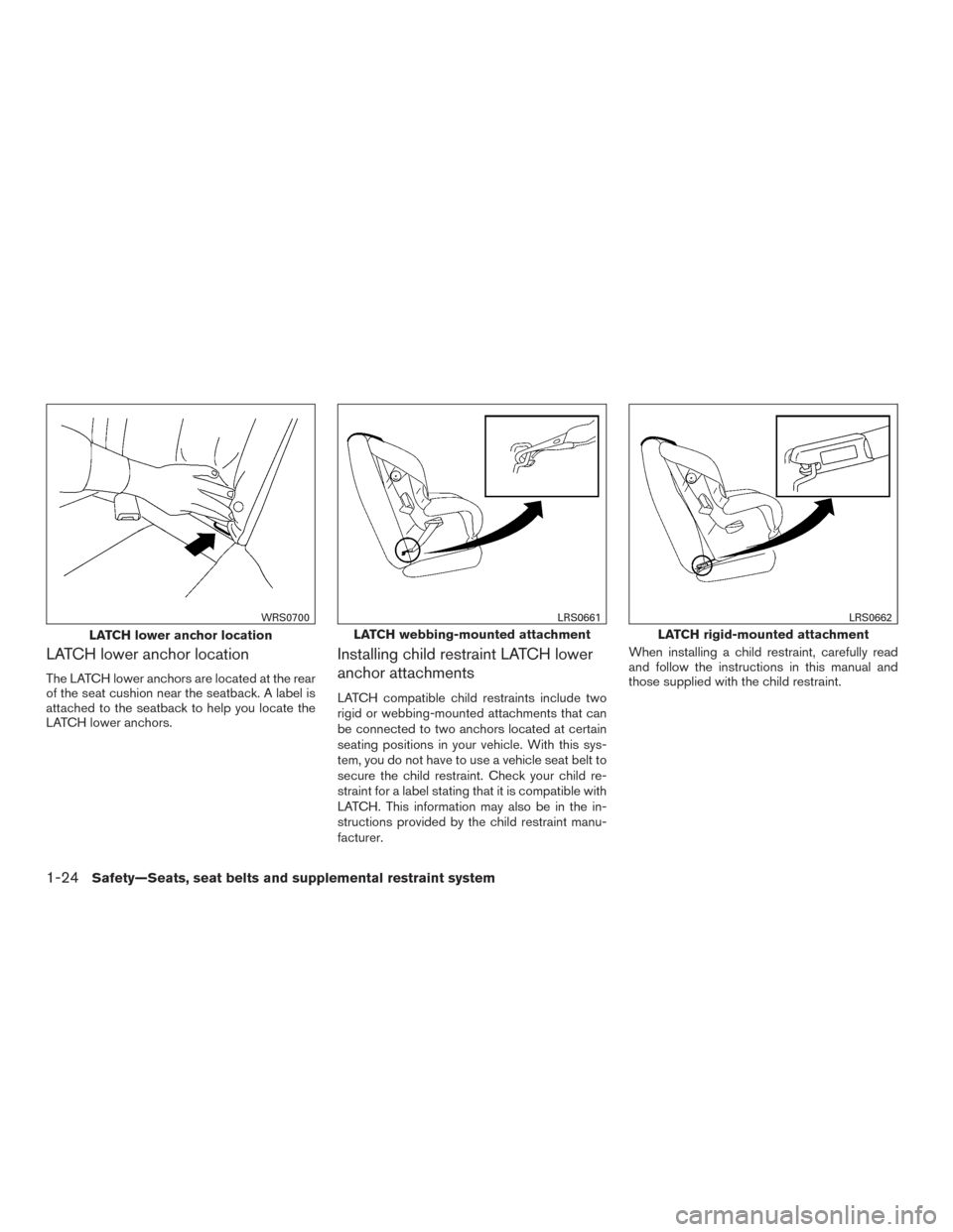 NISSAN VERSA NOTE 2015 2.G User Guide LATCH lower anchor location
The LATCH lower anchors are located at the rear
of the seat cushion near the seatback. A label is
attached to the seatback to help you locate the
LATCH lower anchors.
Insta