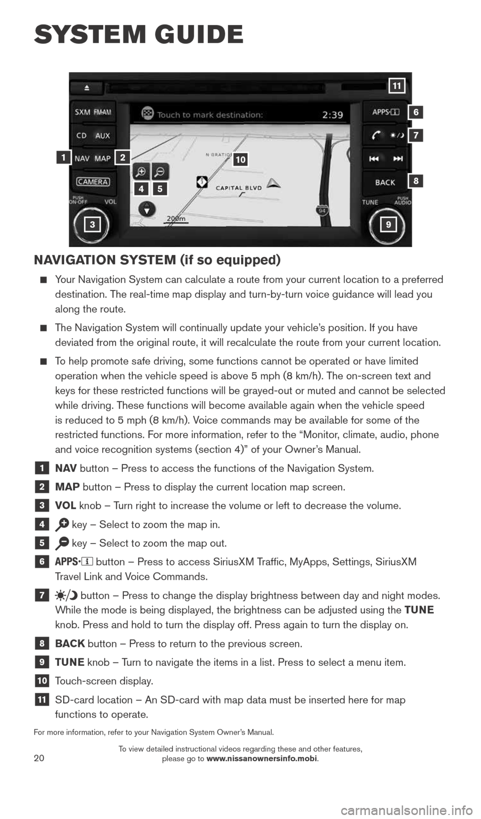 NISSAN VERSA NOTE 2015 2.G Quick Reference Guide 20
SYSTEM GUIDE
NAVIGATION SYSTEM (if so equipped)
    Your Navigation System can calculate a route from your current location t\
o a preferred 
destination. The real-time map display and turn-by-turn