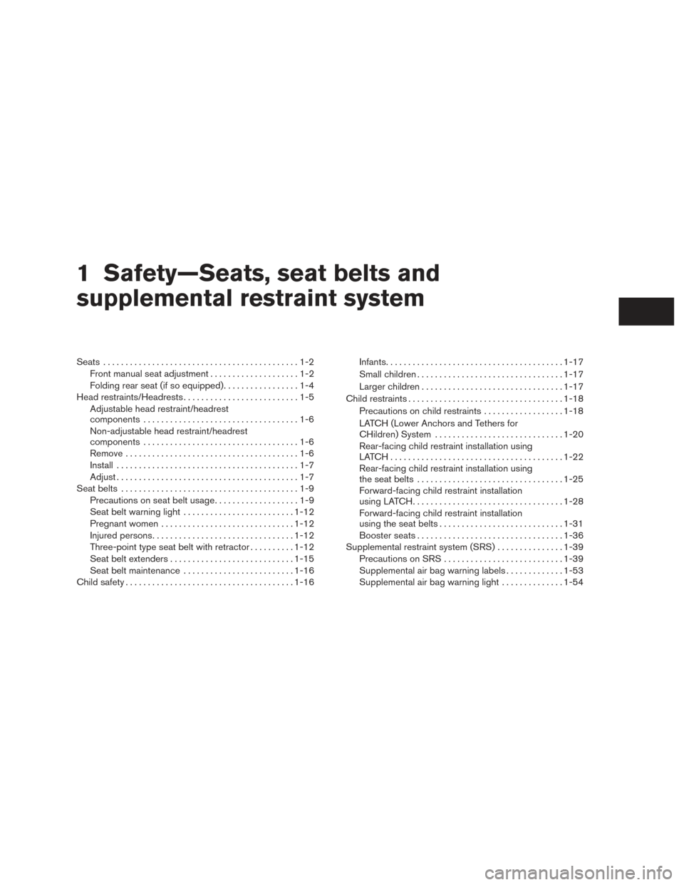 NISSAN VERSA SEDAN 2015 2.G User Guide 1 Safety—Seats, seat belts and
supplemental restraint system
Seats............................................1-2
Front manual seat adjustment . . ..................1-2
Folding rear seat (if so equi