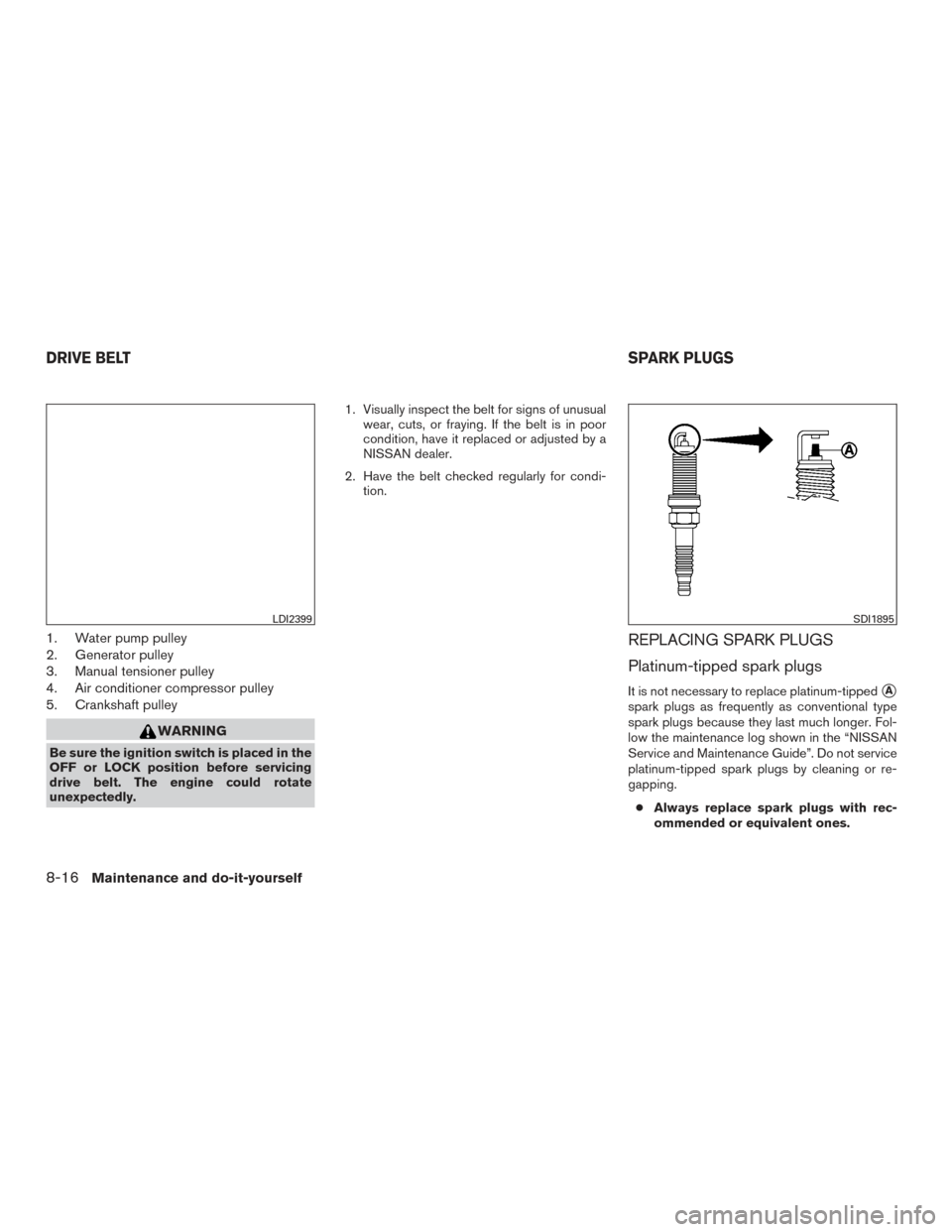 NISSAN VERSA SEDAN 2015 2.G Owners Manual 1. Water pump pulley
2. Generator pulley
3. Manual tensioner pulley
4. Air conditioner compressor pulley
5. Crankshaft pulley
WARNING
Be sure the ignition switch is placed in the
OFF or LOCK position 