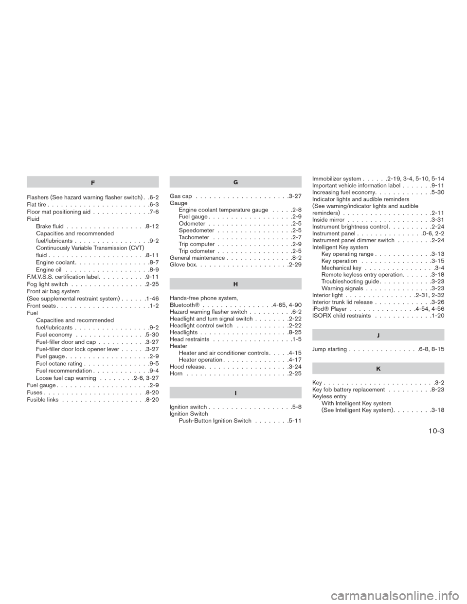 NISSAN VERSA SEDAN 2015 2.G Repair Manual F
Flashers (See hazard warning flasher switch) . .6-2
Flat tire .......................6-3
Floor mat positioning aid .............7-6
Fluid Brake fluid ..................8-12
Capacities and recommende