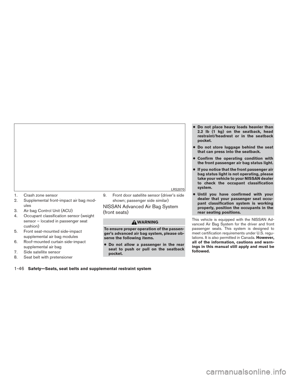 NISSAN VERSA SEDAN 2015 2.G Repair Manual 1. Crash zone sensor
2. Supplemental front-impact air bag mod-ules
3. Air bag Control Unit (ACU)
4. Occupant classification sensor (weight
sensor – located in passenger seat
cushion)
5. Front seat-m NISSAN VERSA SEDAN 2015 2.G Repair Manual 1. Crash zone sensor
2. Supplemental front-impact air bag mod-ules
3. Air bag Control Unit (ACU)
4. Occupant classification sensor (weight
sensor – located in passenger seat
cushion)
5. Front seat-m