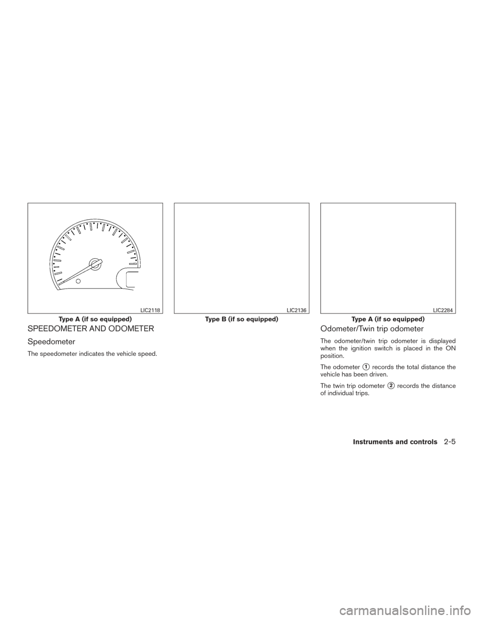 NISSAN VERSA SEDAN 2015 2.G Manual PDF SPEEDOMETER AND ODOMETER
Speedometer
The speedometer indicates the vehicle speed.
Odometer/Twin trip odometer
The odometer/twin trip odometer is displayed
when the ignition switch is placed in the ON
