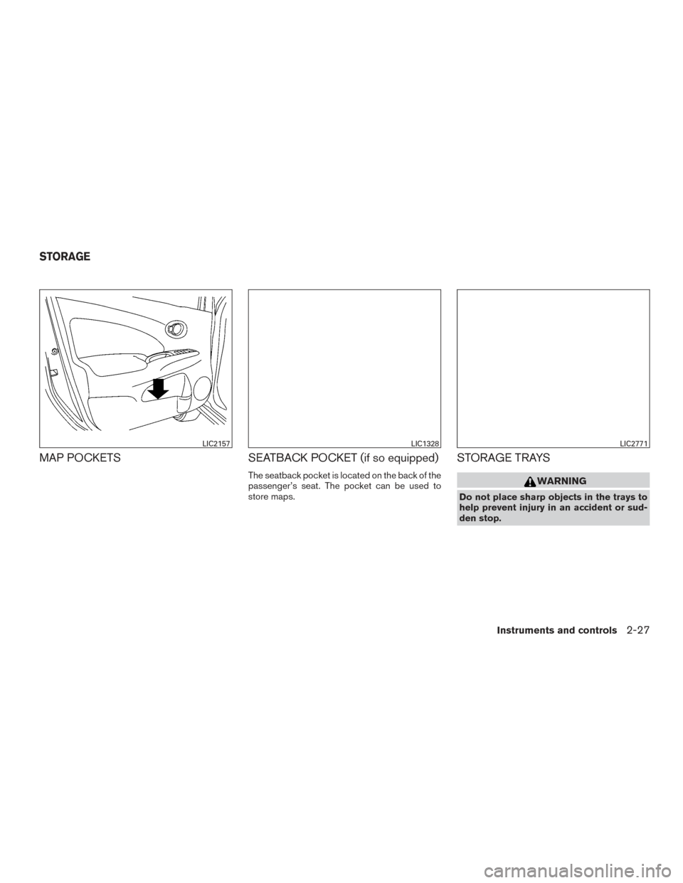 NISSAN VERSA SEDAN 2015 2.G Owners Manual MAP POCKETSSEATBACK POCKET (if so equipped)
The seatback pocket is located on the back of the
passenger’s seat. The pocket can be used to
store maps.
STORAGE TRAYS
WARNING
Do not place sharp objects