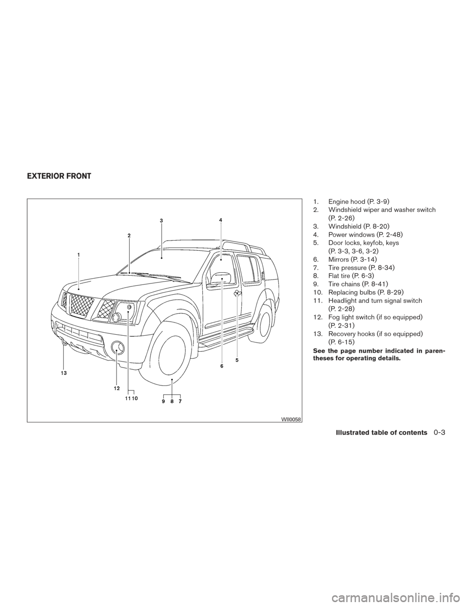 NISSAN XTERRA 2015 N50 / 2.G User Guide 1. Engine hood (P. 3-9)
2. Windshield wiper and washer switch(P. 2-26)
3. Windshield (P. 8-20)
4. Power windows (P. 2-48)
5. Door locks, keyfob, keys
(P. 3-3, 3-6, 3-2)
6. Mirrors (P. 3-14)
7. Tire pr