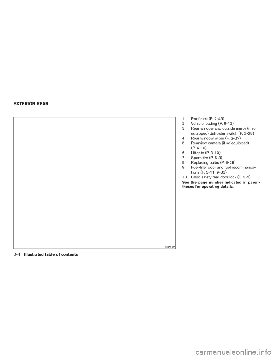 NISSAN XTERRA 2015 N50 / 2.G User Guide 1. Roof rack (P. 2-45)
2. Vehicle loading (P. 9-12)
3. Rear window and outside mirror (if soequipped) defroster switch (P. 2-28)
4. Rear window wiper (P. 2-27)
5. Rearview camera (if so equipped)
(P. 