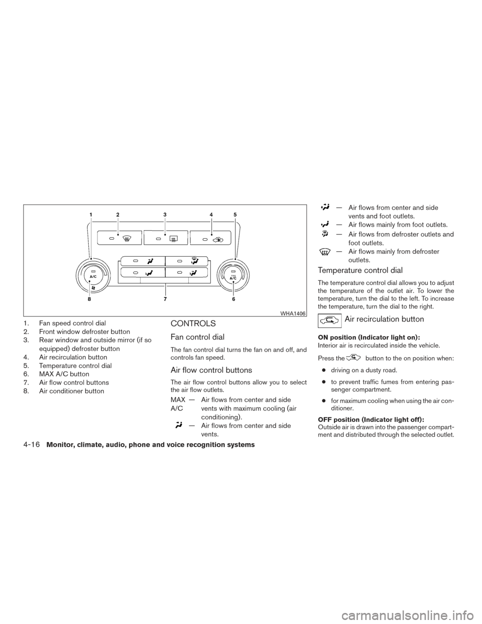 NISSAN XTERRA 2015 N50 / 2.G Owners Manual 1. Fan speed control dial
2. Front window defroster button
3. Rear window and outside mirror (if soequipped) defroster button
4. Air recirculation button
5. Temperature control dial
6. MAX A/C button
