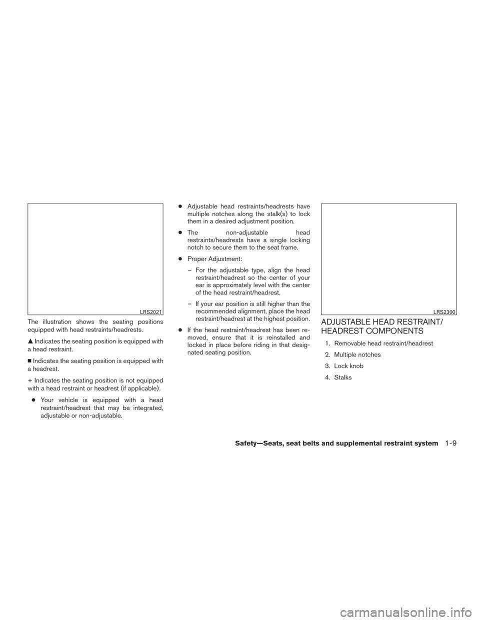 NISSAN XTERRA 2015 N50 / 2.G User Guide The illustration shows the seating positions
equipped with head restraints/headrests.
Indicates the seating position is equipped with
a head restraint.
 Indicates the seating position is equipped wi