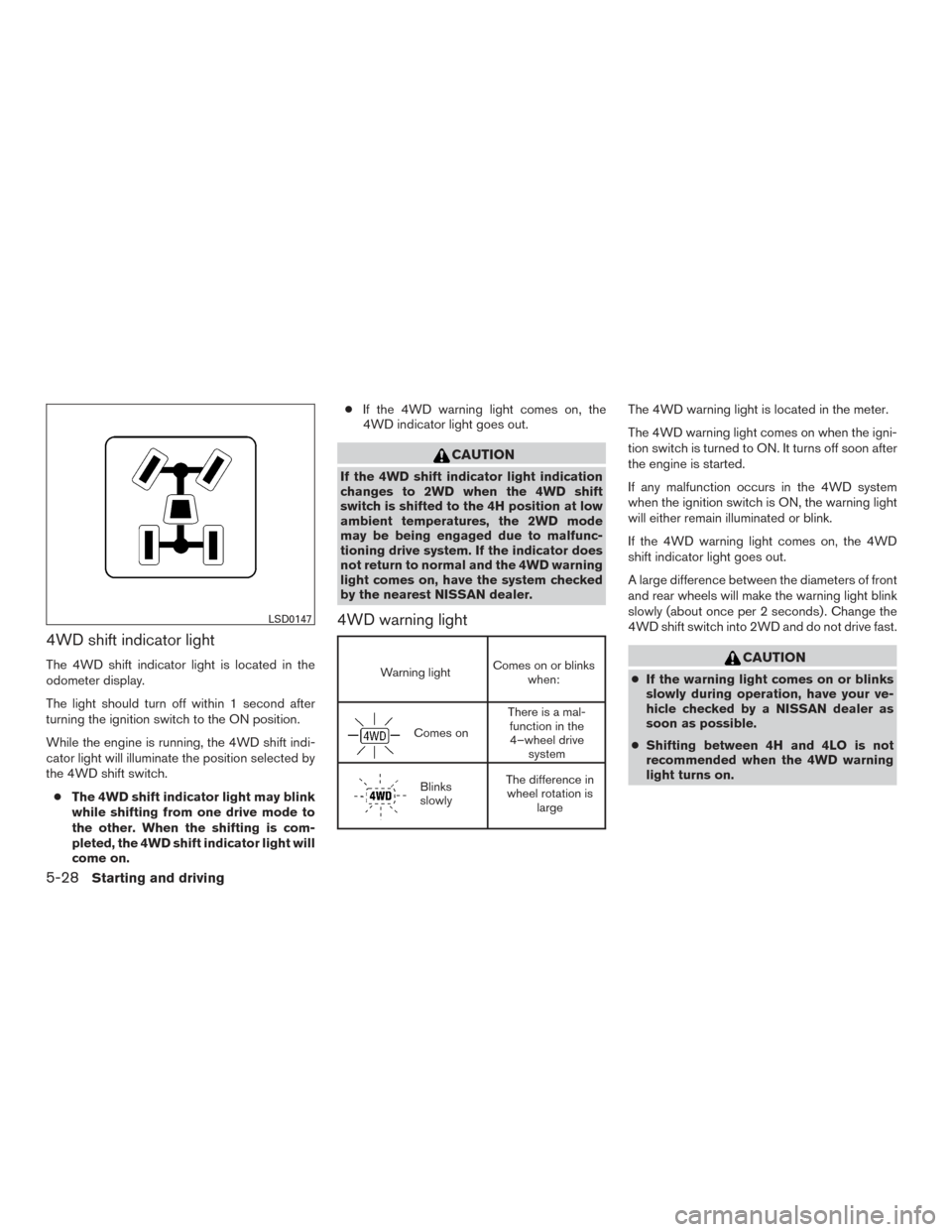 NISSAN XTERRA 2015 N50 / 2.G Owners Manual 4WD shift indicator light
The 4WD shift indicator light is located in the
odometer display.
The light should turn off within 1 second after
turning the ignition switch to the ON position.
While the en NISSAN XTERRA 2015 N50 / 2.G Owners Manual 4WD shift indicator light
The 4WD shift indicator light is located in the
odometer display.
The light should turn off within 1 second after
turning the ignition switch to the ON position.
While the en