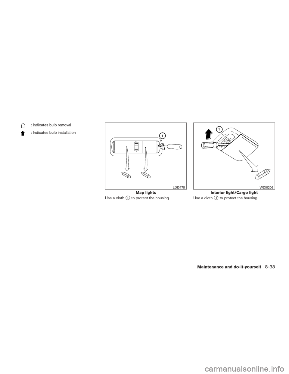 NISSAN XTERRA 2015 N50 / 2.G Owners Manual : Indicates bulb removal
: Indicates bulb installationUse a cloth
1to protect the housing.Use a cloth1to protect the housing.
Map lights
LDI0478
Interior light/Cargo light
WDI0206
Maintenance and do