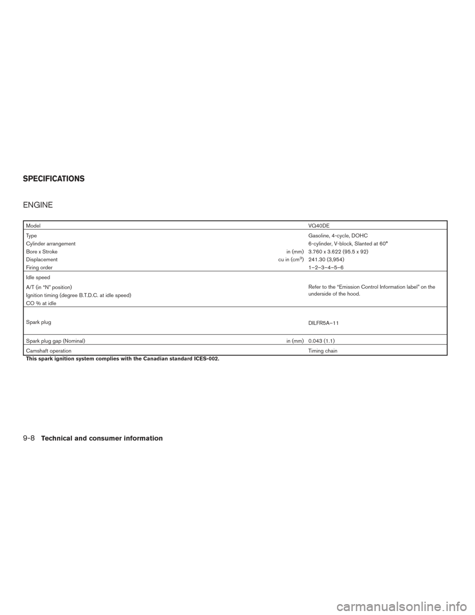 NISSAN XTERRA 2015 N50 / 2.G Owners Manual ENGINE
ModelVQ40DE
Type Gasoline, 4-cycle, DOHC
Cylinder arrangement 6-cylinder, V-block, Slanted at 60°
Bore x Stroke in (mm) 3.760 x 3.622 (95.5 x 92)
Displacement cu in (cm
3) 241.30 (3,954)
Firin