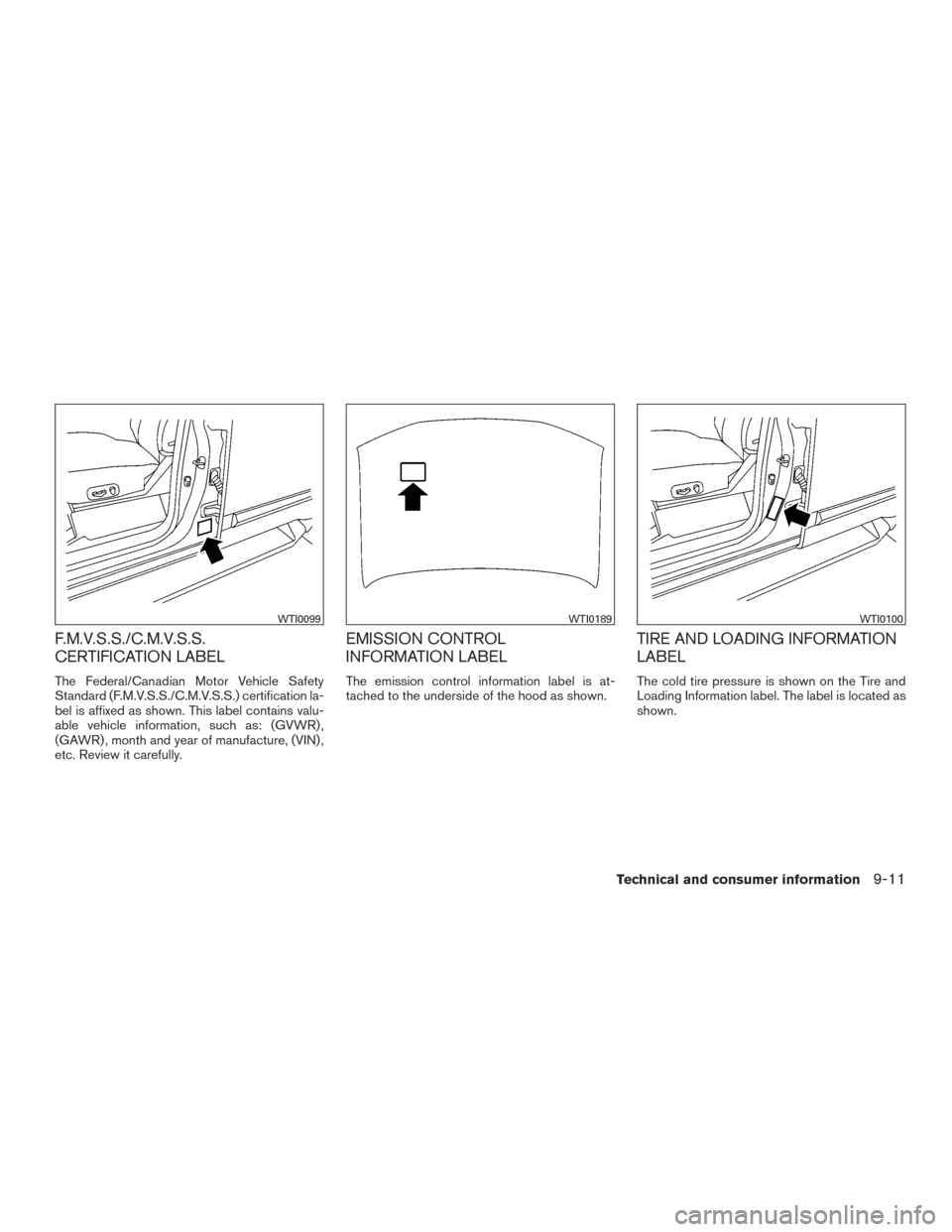 NISSAN XTERRA 2015 N50 / 2.G Owners Manual F.M.V.S.S./C.M.V.S.S.
CERTIFICATION LABEL
The Federal/Canadian Motor Vehicle Safety
Standard (F.M.V.S.S./C.M.V.S.S.) certification la-
bel is affixed as shown. This label contains valu-
able vehicle i