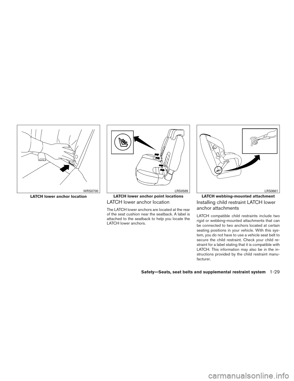 NISSAN XTERRA 2015 N50 / 2.G Service Manual LATCH lower anchor location
The LATCH lower anchors are located at the rear
of the seat cushion near the seatback. A label is
attached to the seatback to help you locate the
LATCH lower anchors.
Insta