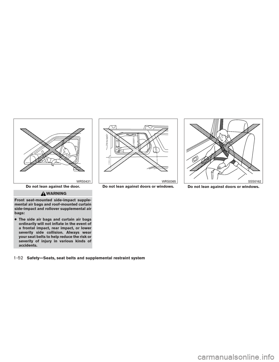 NISSAN XTERRA 2015 N50 / 2.G Owners Manual WARNING
Front seat-mounted side-impact supple-
mental air bags and roof-mounted curtain
side-impact and rollover supplemental air
bags:
●The side air bags and curtain air bags
ordinarily will not in