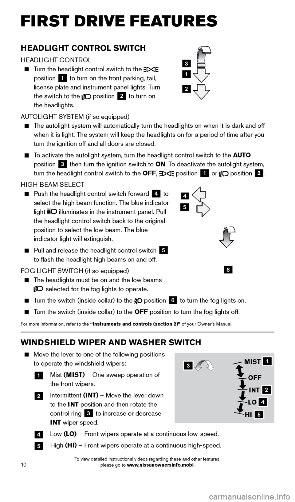 NISSAN XTERRA 2015 N50 / 2.G Quick Reference Guide 10
FIRST DRIVE FEATURES
WINDSHIELD WIPER AND WASHER SWITCH
    Move the lever to one of the following positions 
to operate the windshield wipers: 
  1   Mist (MIST) – One sweep operation of  
the f