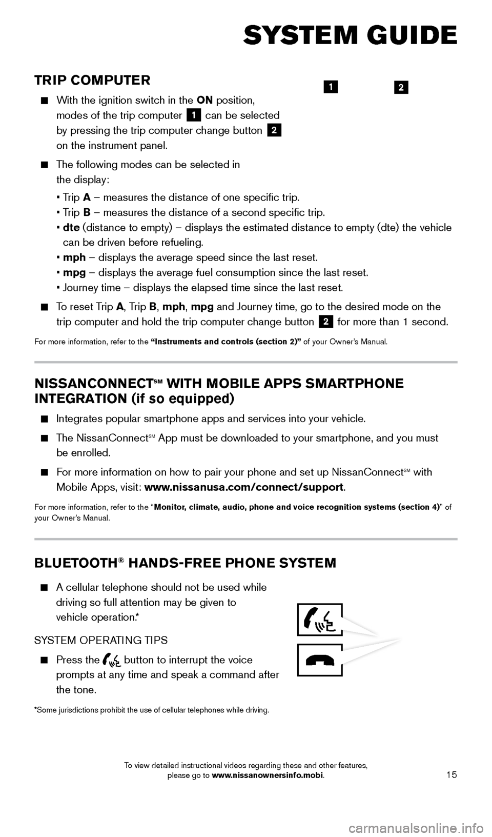 NISSAN XTERRA 2015 N50 / 2.G Quick Reference Guide 15
TRIP COMPUTER
    With the ignition switch in the ON position,  modes of the trip computer  
1 can be selected 
by pressing the trip computer change button  2 
on the instrument panel.
    The foll