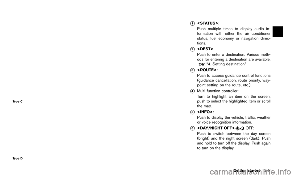 NISSAN QUEST 2016 RE52 / 4.G 08IT Navigation Manual Type C
Type D
*1<STATUS>:
Push multiple times to display audio in-
formation with either the air conditioner
status, fuel economy or navigation direc-
tions.
*2<DEST>:
Push to enter a destination. Var