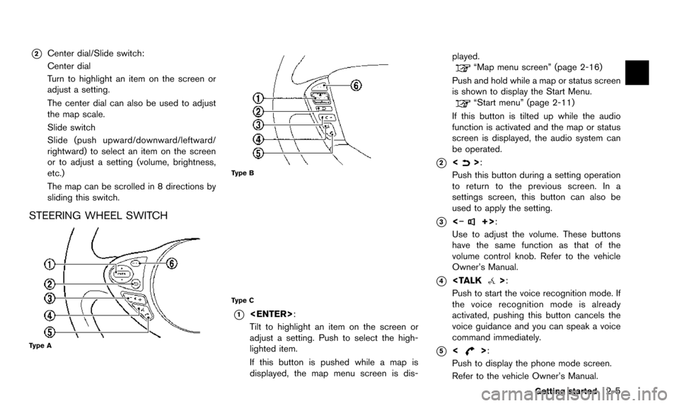 NISSAN PATHFINDER 2016 R52 / 4.G 08IT Navigation Manual *2Center dial/Slide switch:
Center dial
Turn to highlight an item on the screen or
adjust a setting.
The center dial can also be used to adjust
the map scale.
Slide switch
Slide (push upward/downward/