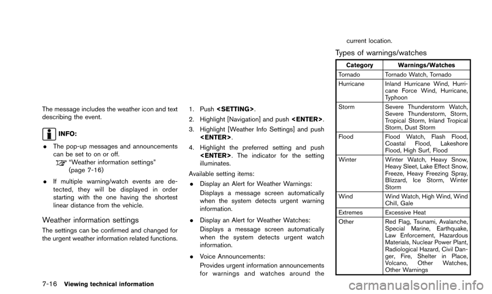 NISSAN QUEST 2016 RE52 / 4.G 08IT Navigation Manual 7-16Viewing technical information
The message includes the weather icon and text
describing the event.
INFO:
. The pop-up messages and announcements
can be set to on or off.
“Weather information set