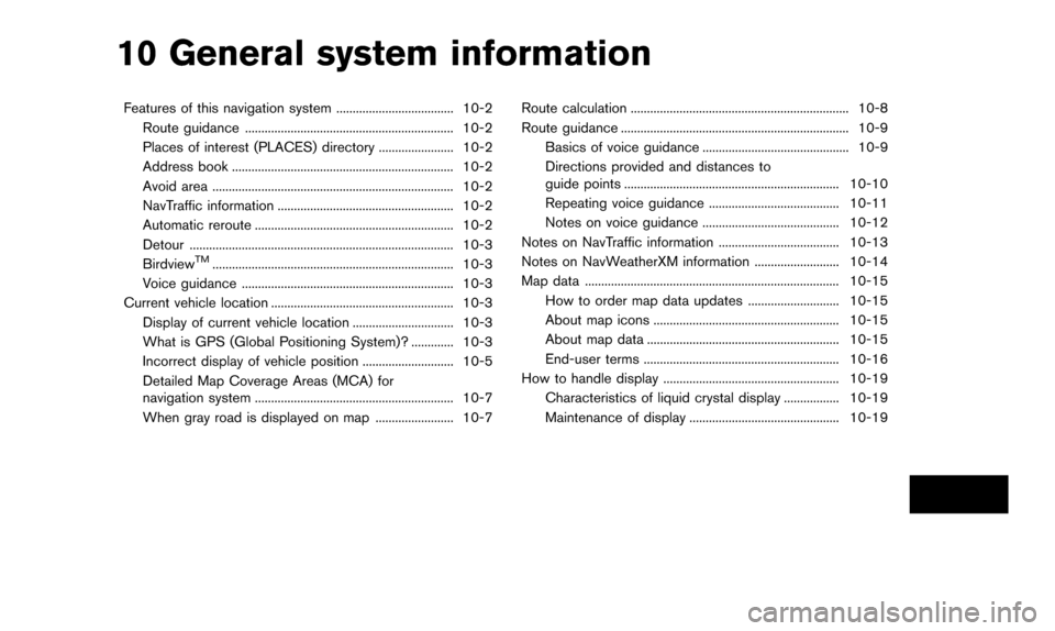 NISSAN QUEST 2016 RE52 / 4.G 08IT Navigation Manual 10 General system information
Features of this navigation system .................................... 10-2Route guidance ................................................................ 10-2
Places of