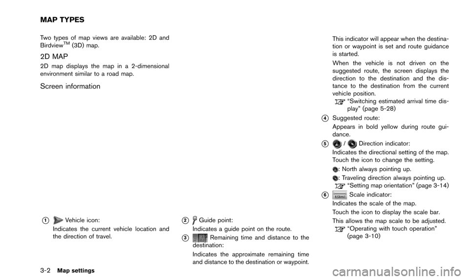 NISSAN 370Z 2016 Z34 08IT Navigation Manual 3-2Map settings
Two types of map views are available: 2D and
BirdviewTM(3D) map.
2D MAP
2D map displays the map in a 2-dimensional
environment similar to a road map.
Screen information
*1Vehicle icon: