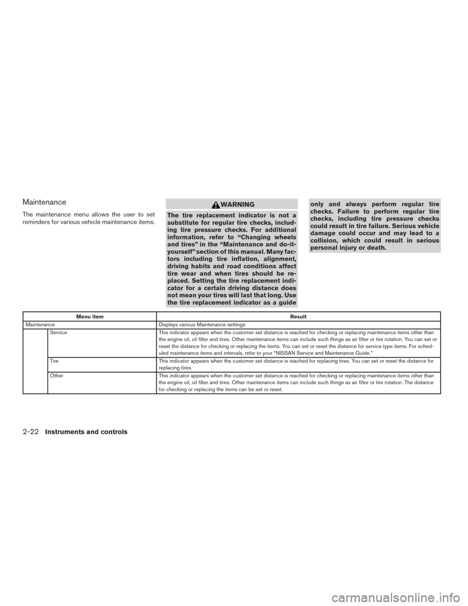 NISSAN ALTIMA 2016 L33 / 5.G Owners Manual Maintenance
The maintenance menu allows the user to set
reminders for various vehicle maintenance items.
WARNING
The tire replacement indicator is not a
substitute for regular tire checks, includ-
ing NISSAN ALTIMA 2016 L33 / 5.G Owners Manual Maintenance
The maintenance menu allows the user to set
reminders for various vehicle maintenance items.
WARNING
The tire replacement indicator is not a
substitute for regular tire checks, includ-
ing