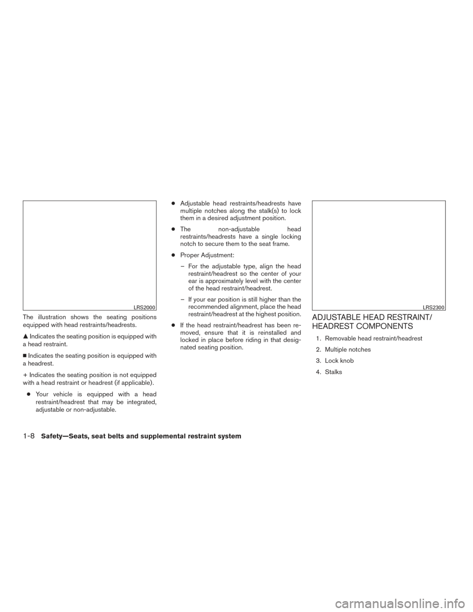 NISSAN ALTIMA 2016 L33 / 5.G Owners Manual The illustration shows the seating positions
equipped with head restraints/headrests.
Indicates the seating position is equipped with
a head restraint.
 Indicates the seating position is equipped wi