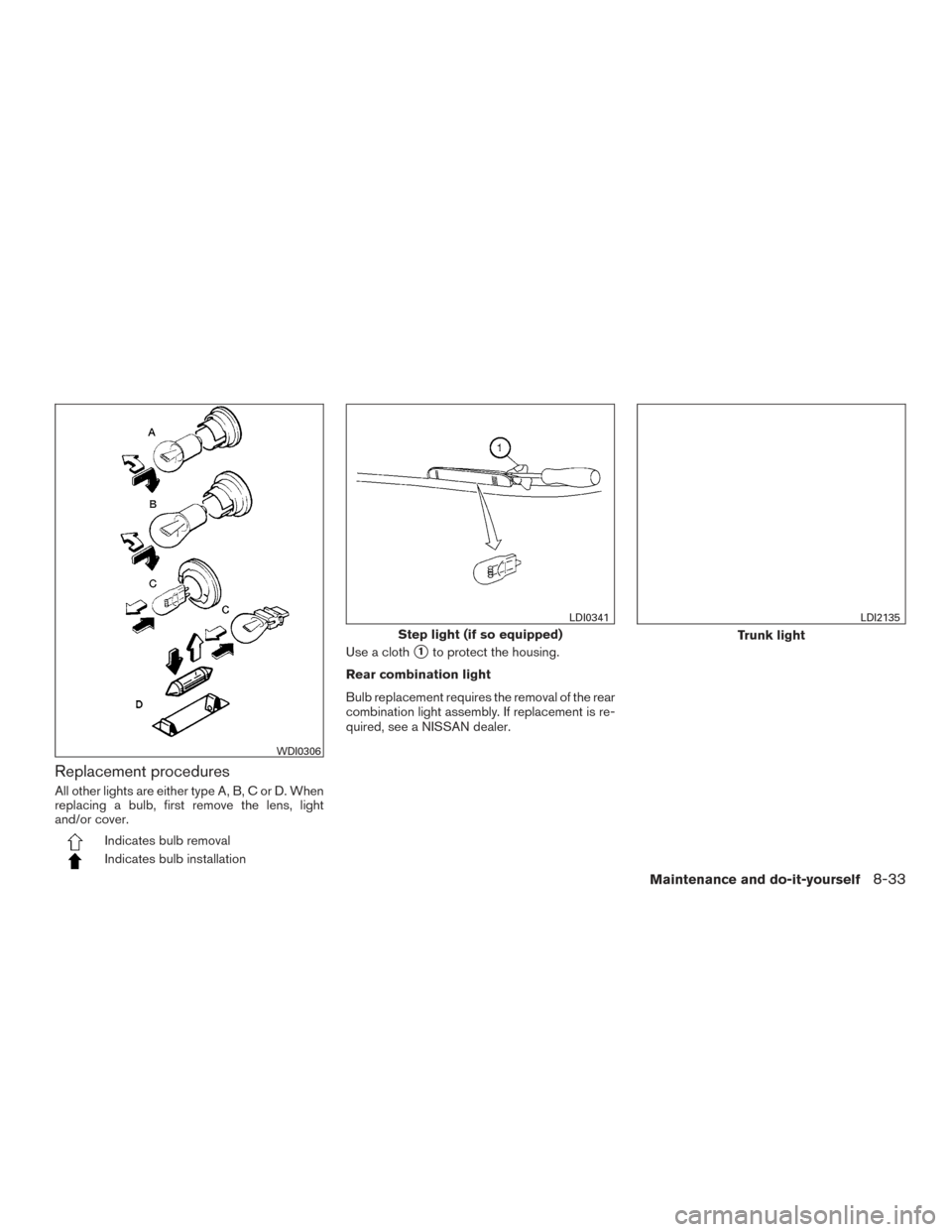 NISSAN ALTIMA 2016 L33 / 5.G Owners Manual Replacement procedures
All other lights are either type A, B, C or D. When
replacing a bulb, first remove the lens, light
and/or cover.
Indicates bulb removal
Indicates bulb installationUse a cloth
1