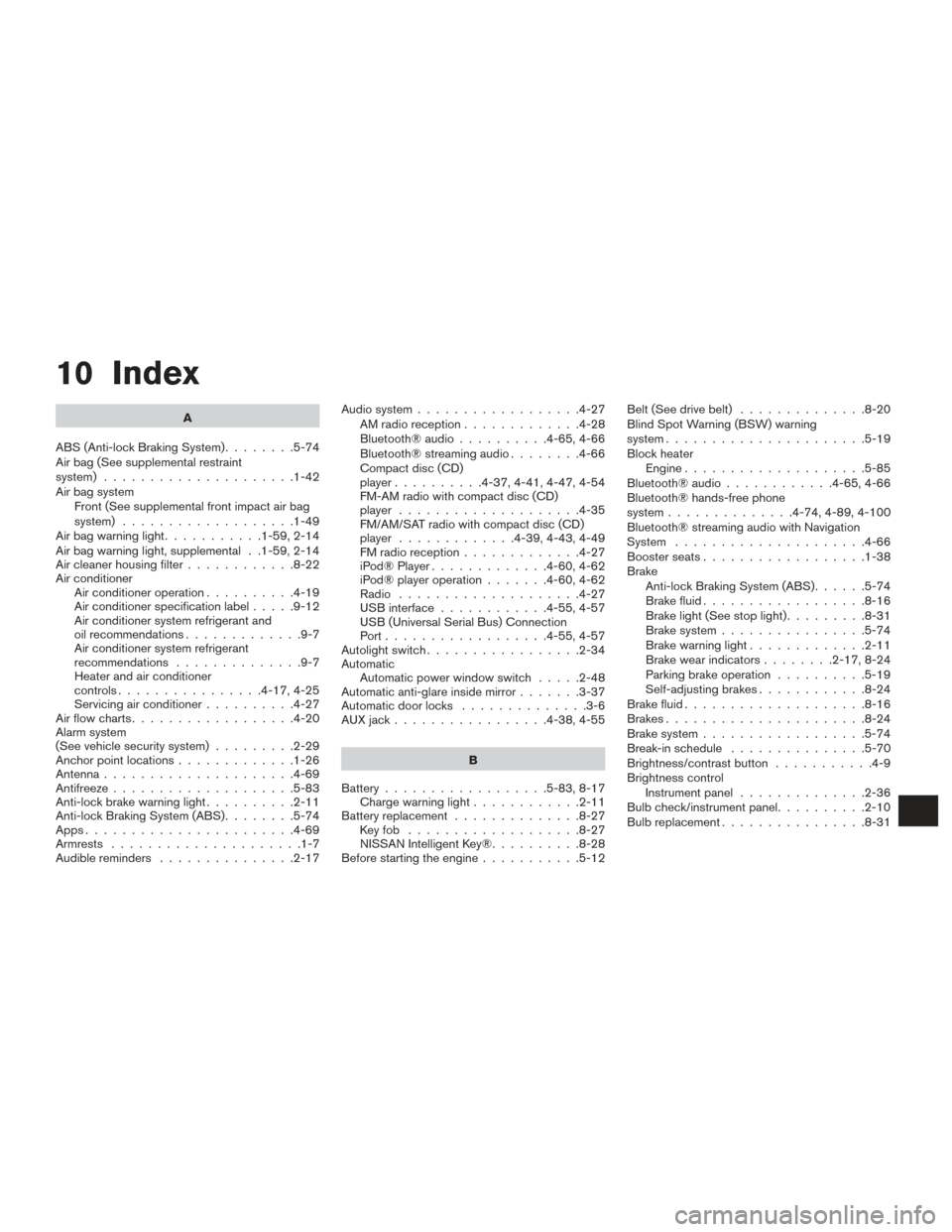 NISSAN ALTIMA 2016 L33 / 5.G User Guide 10 Index
A
ABS (Anti-lock Braking System) ........5-74
Air bag (See supplemental restraint
system) .....................1-42
Air bag system Front (See supplemental front impact air bag
system) .......