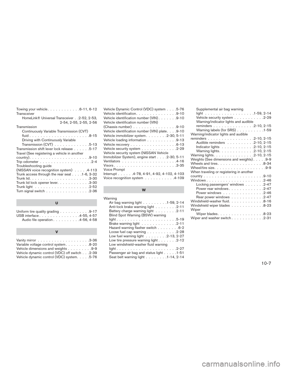 NISSAN ALTIMA 2016 L33 / 5.G Repair Manual Towingyourvehicle............6-11,6-12
Transceiver
HomeLink® Universal Transceiver. .2-52, 2-53,
2-54, 2-55, 2-55, 2-56
Transmission Continuously Variable Transmission (CVT)
fluid....................