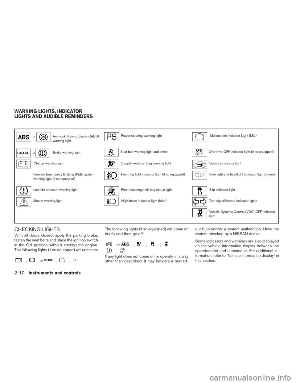 NISSAN ALTIMA 2016 L33 / 5.G Manual Online orAnti-lock Braking System (ABS)
warning lightPower steering warning lightMalfunction Indicator Light (MIL)
orBrake warning lightSeat belt warning light and chimeOverdrive OFF indicator light (if so e