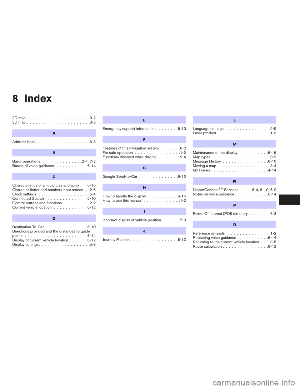 NISSAN FRONTIER 2016 D23 / 3.G LC2 Kai Navigation Manual 8 Index
2Dmap......................3-2
3Dmap......................3-2
A
Address book...................6-3
B
Basic operations ..............2-4,7-2
Basics of voice guidance ............6-14
C
Characte