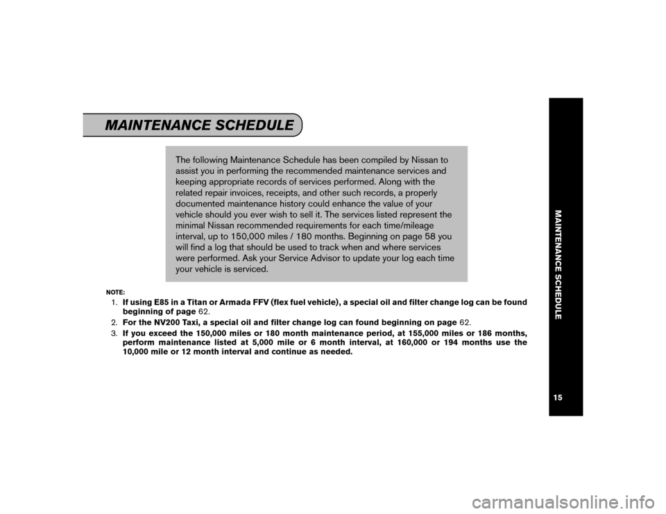 NISSAN FRONTIER 2016 D23 / 3.G Service And Maintenance Guide The following Maintenance Schedule has been compiled by Nissan to
assist you in performing the recommended maintenance services and
keeping appropriate records of services performed. Along with the
re