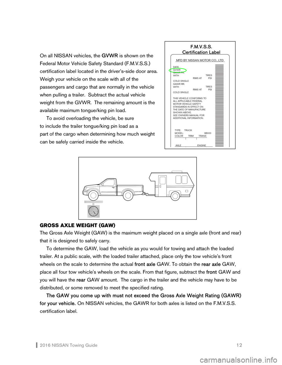 NISSAN ROGUE 2016 2.G Towing Guide  2016 NISSAN Towing Guide    12  
On all NISSAN vehicles, the GVWR is shown on the  
Federal Motor Vehicle Safety Standard (F.M.V.S.S.) 
certification label located in the driver’s-side door area.  