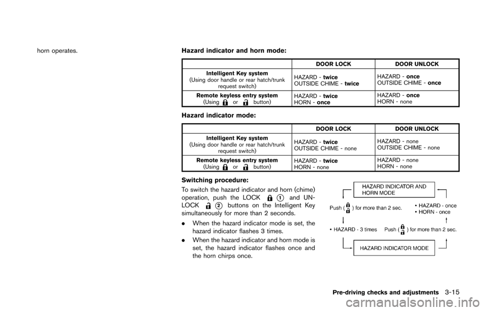 NISSAN 370Z COUPE 2016 Z34 Service Manual horn operates.Hazard indicator and horn mode:
DOOR LOCKDOOR UNLOCK
Intelligent Key system
(Using door handle or rear hatch/trunk request switch) HAZARD -
twice
OUTSIDE CHIME - twiceHAZARD -
once
OUTSI