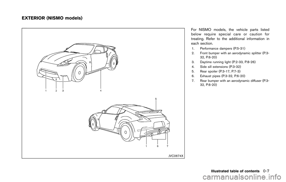 NISSAN 370Z COUPE 2016 Z34 Owners Manual JVC0674X
For NISMO models, the vehicle parts listed
below require special care or caution for
treating. Refer to the additional information in
each section.
1. Performance dampers (P.5-31)
2. Front bu