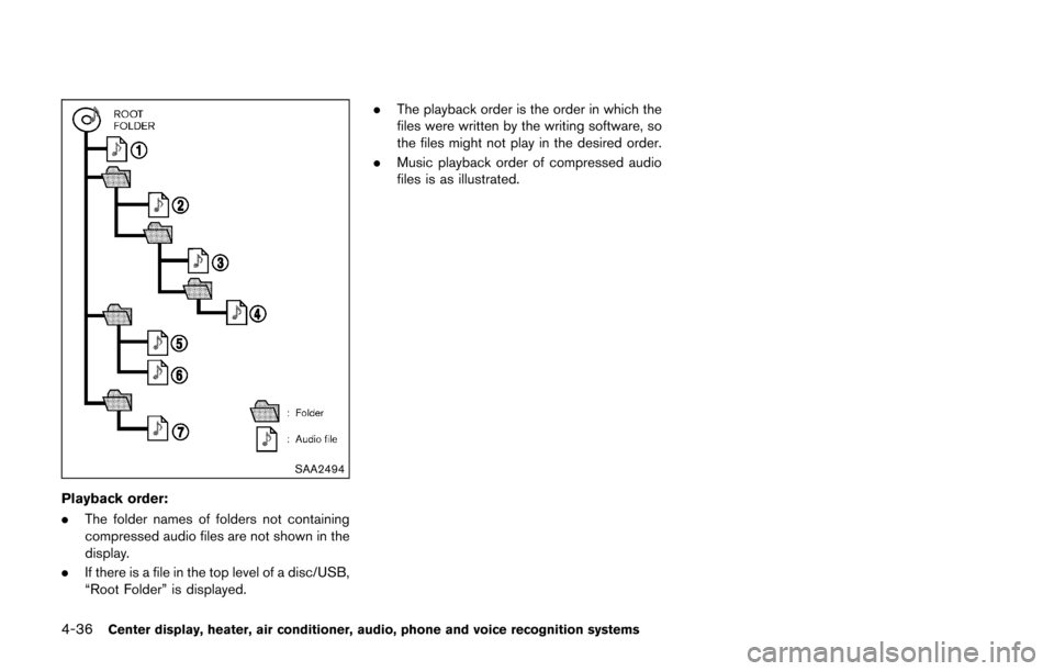 NISSAN 370Z COUPE 2016 Z34 Owners Manual 4-36Center display, heater, air conditioner, audio, phone and voice recognition systems
SAA2494
Playback order:
.The folder names of folders not containing
compressed audio files are not shown in the
