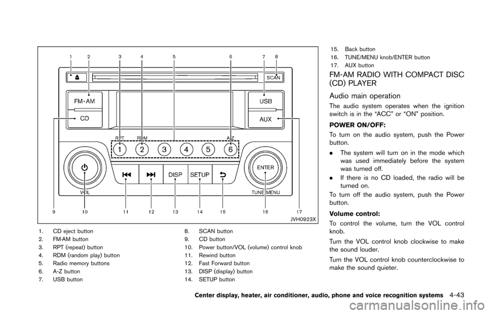 NISSAN 370Z COUPE 2016 Z34 Service Manual JVH0923X
1. CD eject button
2. FM·AM button
3. RPT (repeat) button
4. RDM (random play) button
5. Radio memory buttons
6. A-Z button
7. USB button8. SCAN button
9. CD button
10. Power button/VOL (vol