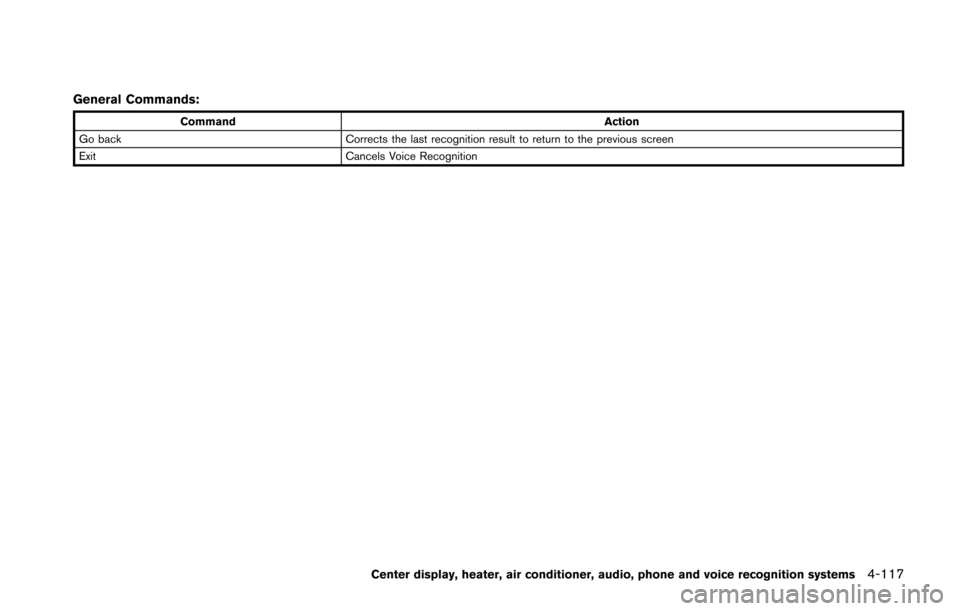 NISSAN 370Z COUPE 2016 Z34 Owners Manual General Commands:
CommandAction
Go back Corrects the last recognition result to return to the previous screen
Exit Cancels Voice Recognition
Center display, heater, air conditioner, audio, phone and v NISSAN 370Z COUPE 2016 Z34 Owners Manual General Commands:
CommandAction
Go back Corrects the last recognition result to return to the previous screen
Exit Cancels Voice Recognition
Center display, heater, air conditioner, audio, phone and v