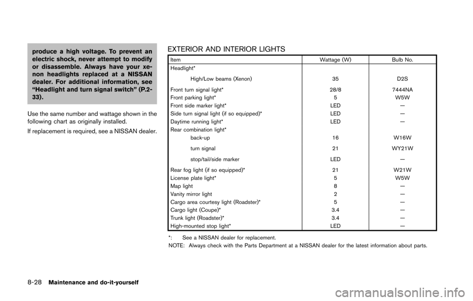NISSAN 370Z COUPE 2016 Z34 Owners Manual 8-28Maintenance and do-it-yourself
produce a high voltage. To prevent an
electric shock, never attempt to modify
or disassemble. Always have your xe-
non headlights replaced at a NISSAN
dealer. For ad