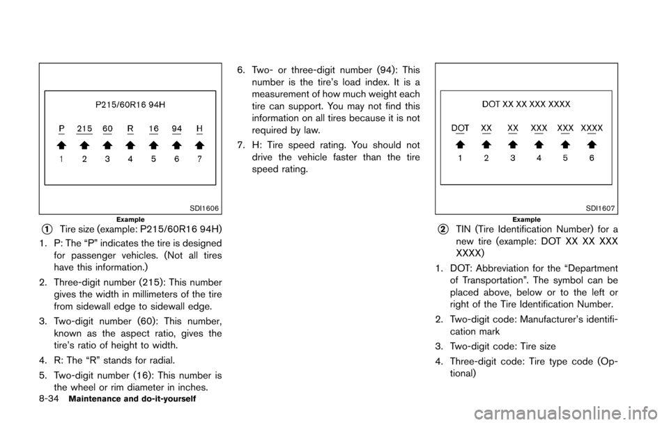 NISSAN 370Z COUPE 2016 Z34 Owners Manual 8-34Maintenance and do-it-yourself
SDI1606Example*1Tire size (example: P215/60R16 94H)
1. P: The “P” indicates the tire is designed for passenger vehicles. (Not all tires
have this information.)
2 NISSAN 370Z COUPE 2016 Z34 Owners Manual 8-34Maintenance and do-it-yourself
SDI1606Example*1Tire size (example: P215/60R16 94H)
1. P: The “P” indicates the tire is designed for passenger vehicles. (Not all tires
have this information.)
2