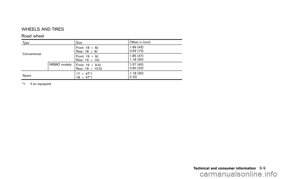 NISSAN 370Z COUPE 2016 Z34 Owners Manual WHEELS AND TIRES
Road wheel
TypeSize Offset in (mm)
Conventional Front: 18
68J
Rear: 18 69J 1.69 (43)
0.59 (15)
Front: 19 69J
Rear: 19 610J 1.85 (47)
1.18 (30)
NISMO models Front: 1969.5J
Rear: 19 610