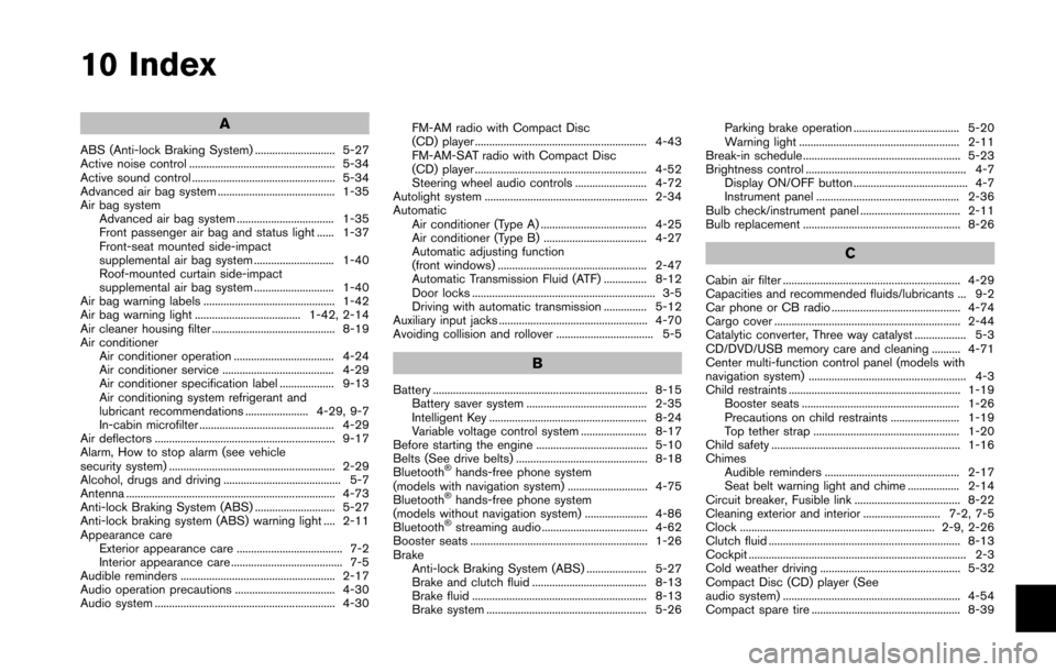 NISSAN 370Z COUPE 2016 Z34 Owners Manual 10 Index
A
ABS (Anti-lock Braking System) ............................ 5-27
Active noise control ................................................... 5-34
Active sound control ......................... NISSAN 370Z COUPE 2016 Z34 Owners Manual 10 Index
A
ABS (Anti-lock Braking System) ............................ 5-27
Active noise control ................................................... 5-34
Active sound control .........................