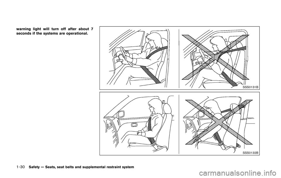 NISSAN 370Z COUPE 2016 Z34 Owners Guide 1-30Safety — Seats, seat belts and supplemental restraint system
warning light will turn off after about 7
seconds if the systems are operational.
SSS0131B
SSS0132B 