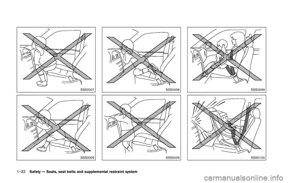 NISSAN 370Z COUPE 2016 Z34 Owners Guide 1-32Safety — Seats, seat belts and supplemental restraint system
SSS0007
SSS0006
SSS0008
SSS0009
SSS0099
SSS0100 