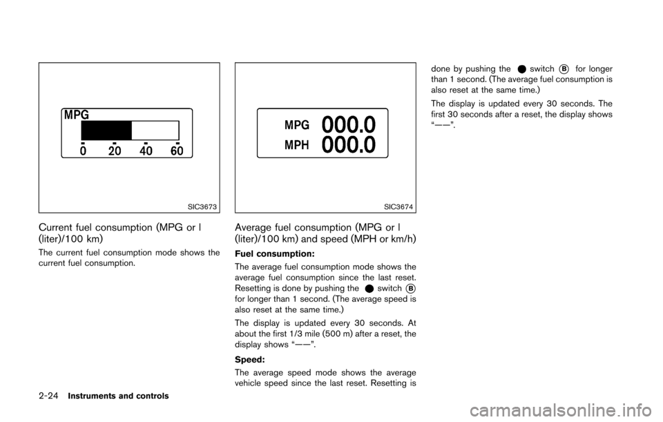 NISSAN 370Z COUPE 2016 Z34 User Guide 2-24Instruments and controls
SIC3673
Current fuel consumption (MPG or l
(liter)/100 km)
The current fuel consumption mode shows the
current fuel consumption.
SIC3674
Average fuel consumption (MPG or l