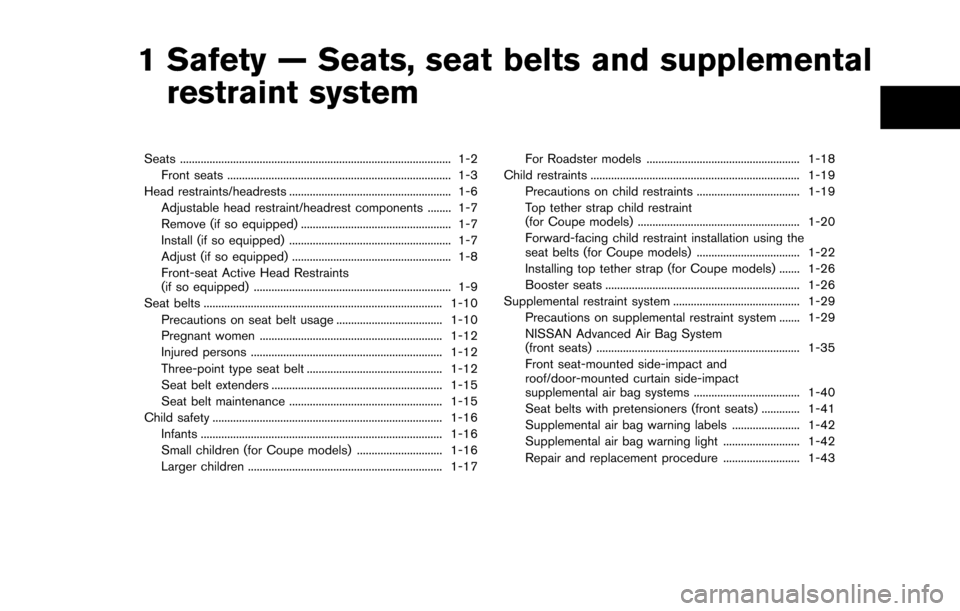 NISSAN 370Z ROADSTER 2016 Z34 Owners Manual 1 Safety — Seats, seat belts and supplementalrestraint system
Seats ........................................................................\
.................... 1-2
Front seats ................... NISSAN 370Z ROADSTER 2016 Z34 Owners Manual 1 Safety — Seats, seat belts and supplementalrestraint system
Seats ........................................................................\
.................... 1-2
Front seats ...................