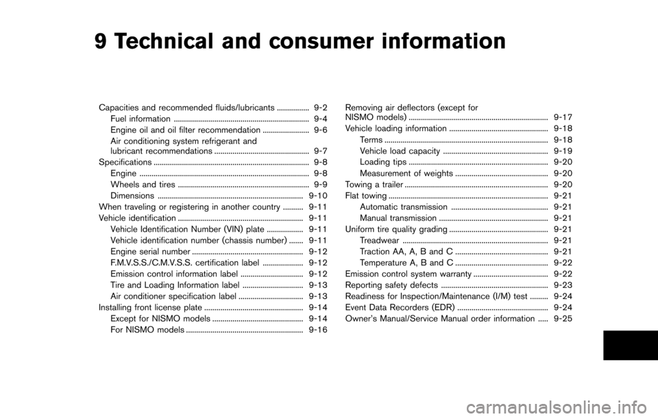 NISSAN 370Z ROADSTER 2016 Z34 Workshop Manual 9 Technical and consumer information
Capacities and recommended fluids/lubricants ................ 9-2Fuel information ................................................................... 9-4
Engine oi